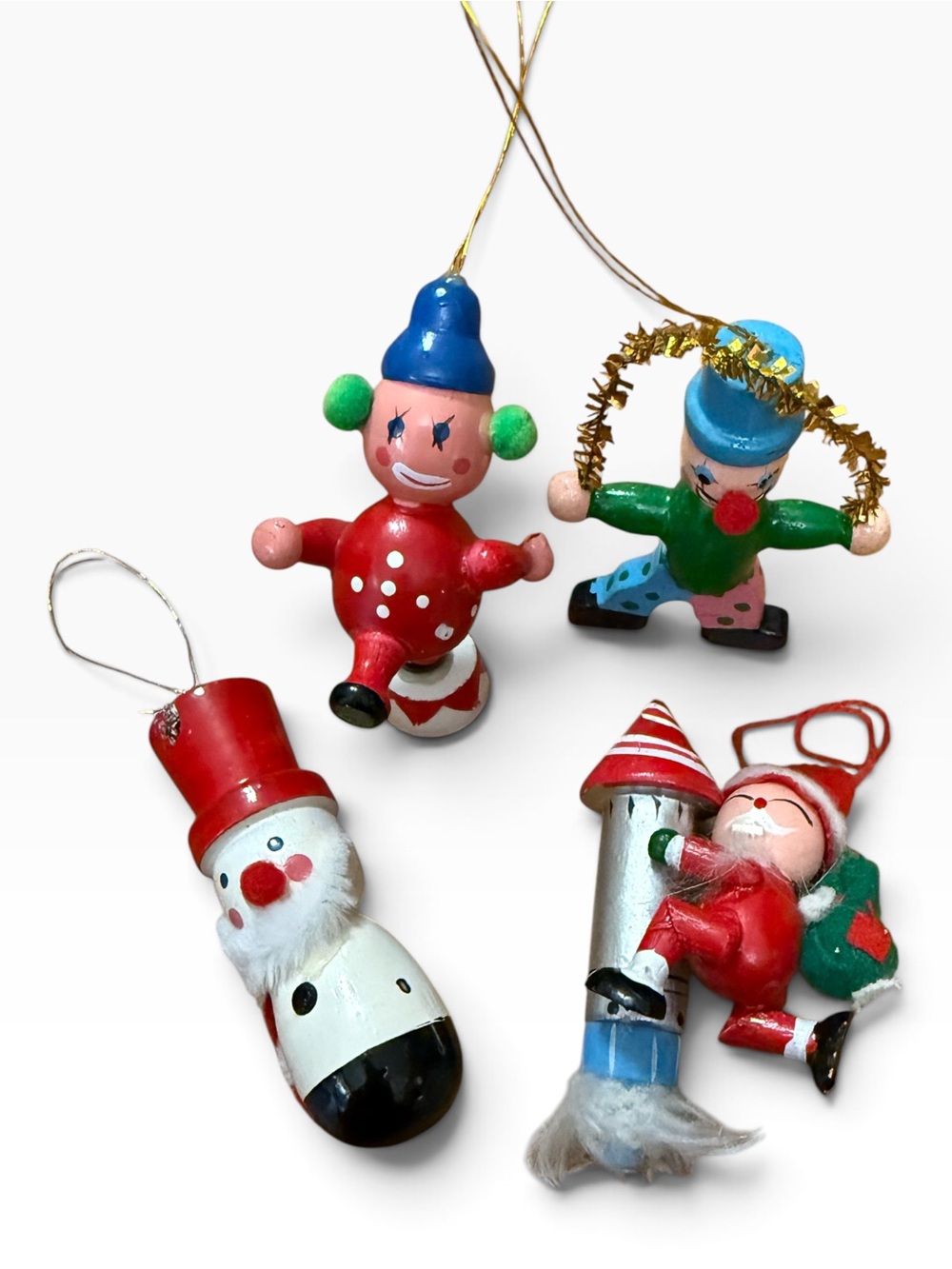 Vintage Hand-Painted Wooden Christmas Ornaments - Lot of 4